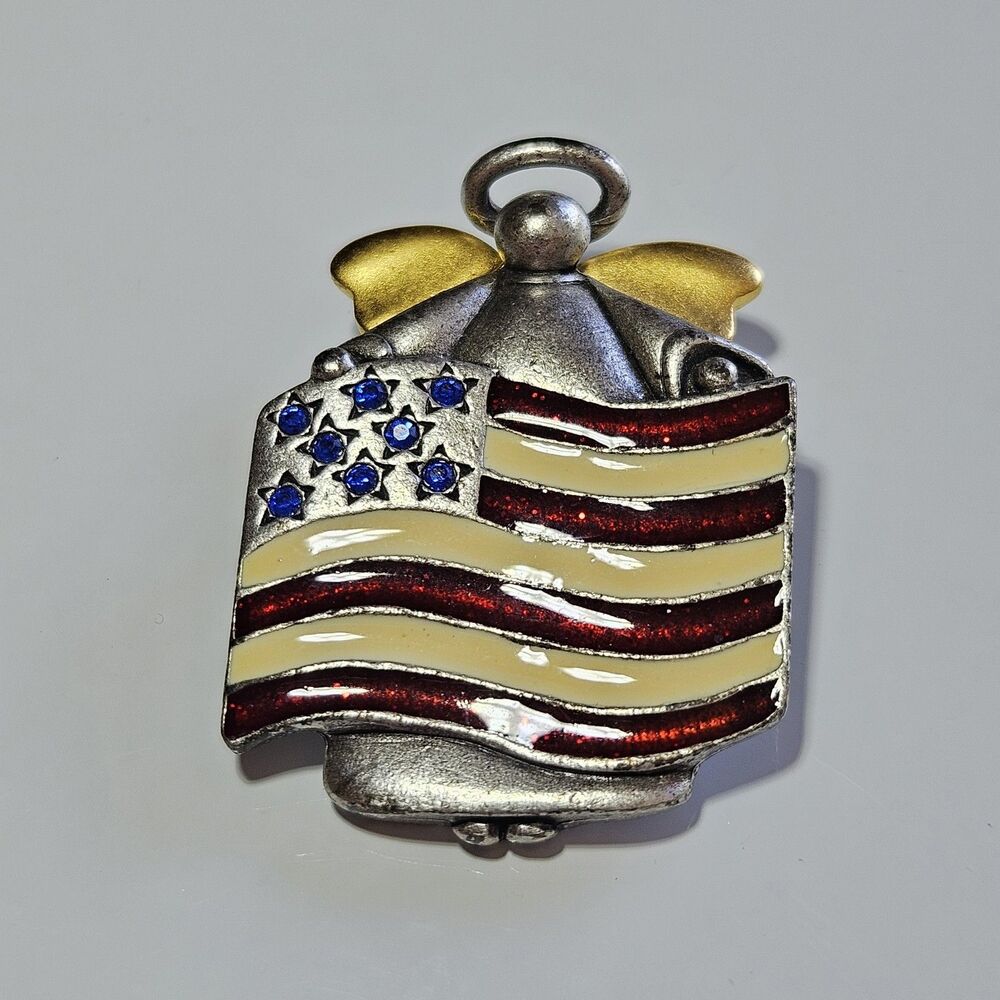AJMC Marked Pewter & Gold Tone Angel Pin Brooch w Blue Rhinestone Flag